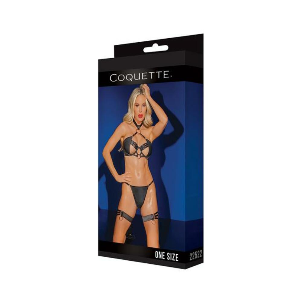 Black Label Bra, G-string & Leg Garters With Adjustable Choker With Hook Closure Black/rose Gold Os