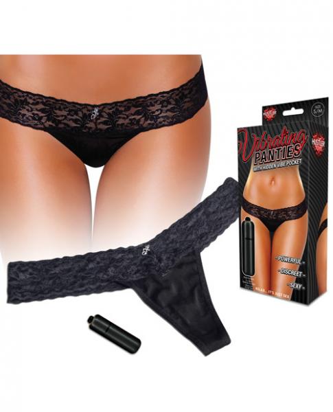 Vibrating Lace Thong Hidden Pocket Black M/L