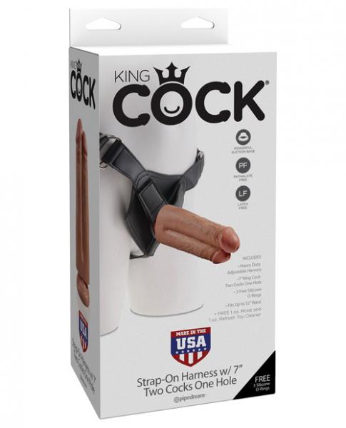 King Cock Strap On Harness with 7 inches Two Cocks One Hole Tan