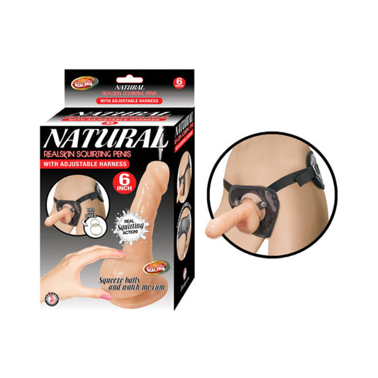 Natural Realskin Squirting Penis W/adjustable Harness 6in Flesh
