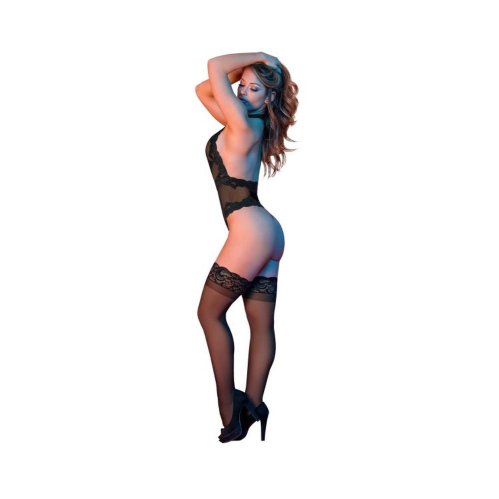 Magic Silk Sexy Time Deep Plunge Halter Teddy Black Lx