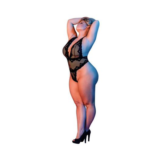 Magic Silk Sexy Time Deep Plunge Halter Teddy Black Queen Size
