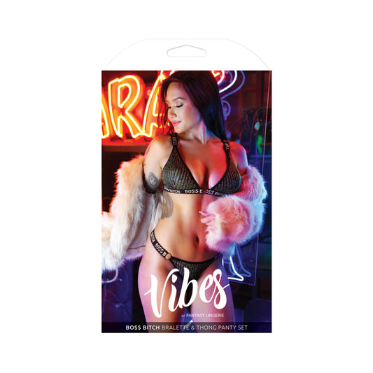Vibes Boss Bitch Bra/panty Gold Ring Blk S/m