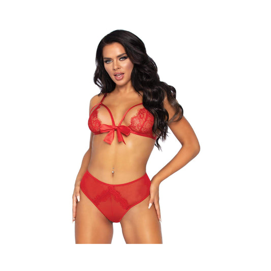 2pc Eyelash Lace Strappy Bralette With Front Closure Ribbon Detail And Matching Ribbon Tie Crotchles