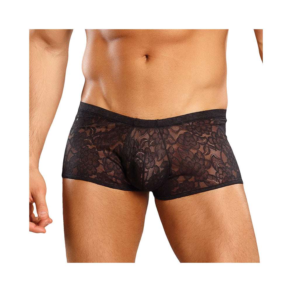 Male Power Stretch Lace Mini Shorts Black Medium
